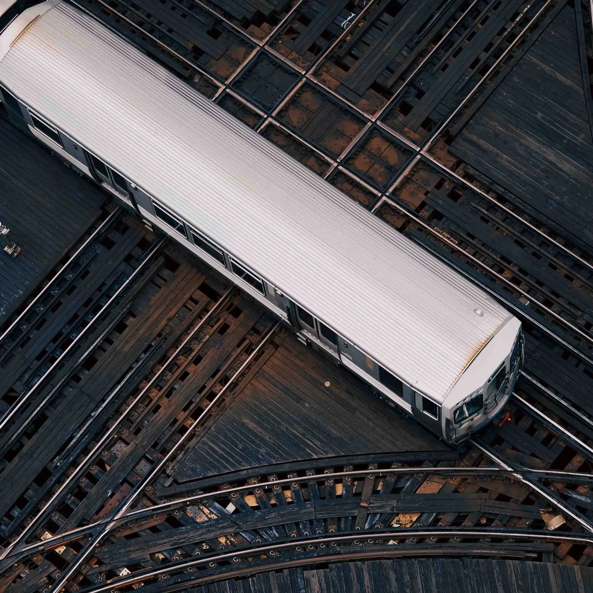 high angle view of passenger train on railroad